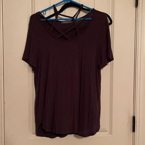 Dark purple top. cross over neck. short sleeve